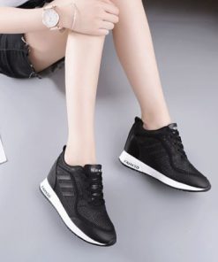 A GS77 8CM giày độn nữ sneaker thể thao 3 sọc da PU màu đen vnxk giá rẻ